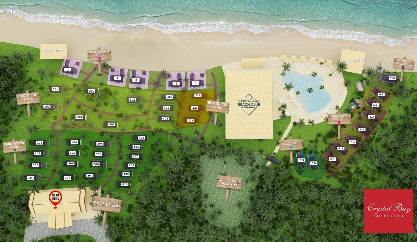 Crystal Bay Yacht Club resort master plan showing all room zones, pool, beach club, and amenities